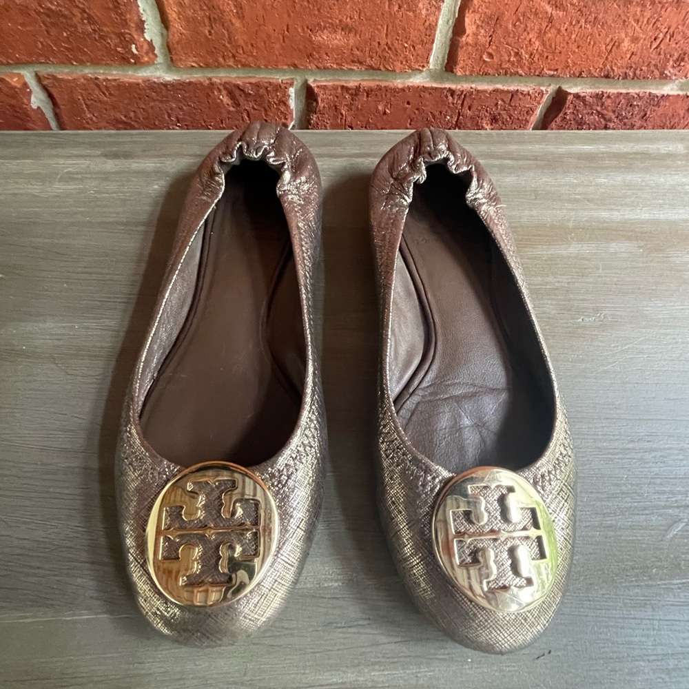 Tory Burch Ballet Metallic Gold Leather “Reva” Pebbled Flat